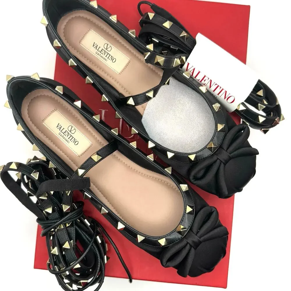 Valentino Garavani Black Gold Rockstud Ballerina Flats EU 38.5